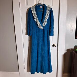 Vintage Loungecrest Blue Lace Collar Housedress Robe Open Bottom Sze M 12-14